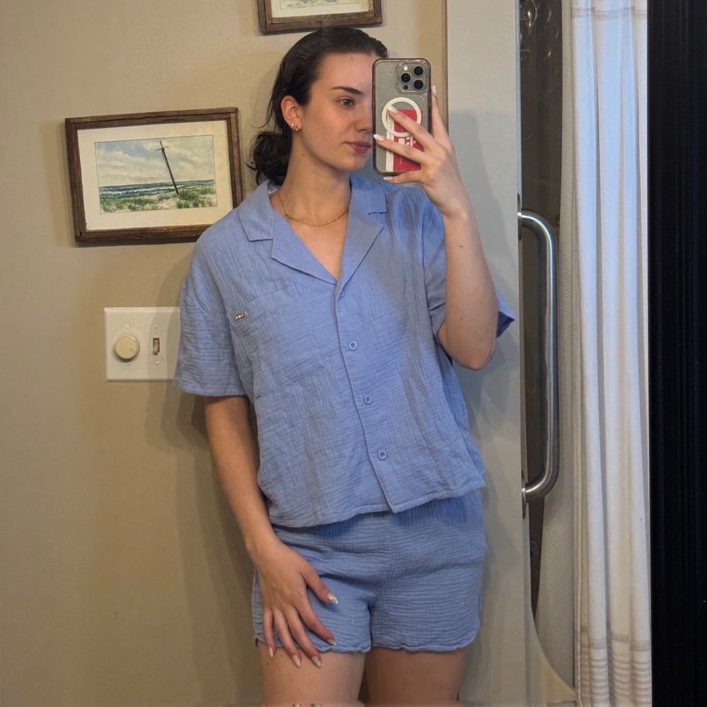 Jason Wu Blue Gauze Pajama Set Short Sleeve Button Down Shirt and Shorts Small